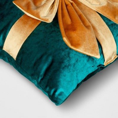  16"x6" Christmas Green Velvet Square Pillow With Teal Bow - Wondershop™