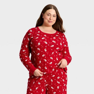  Women's Santa Print Ribbed Long Sleeve Holiday Matching Family Pajama Shirt - Wondershop™ Red