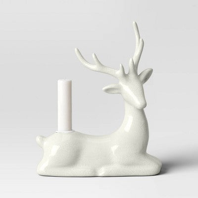  8.25" Taper Crackled Ceramic Deer Christmas Candle Holder White - Wondershop™