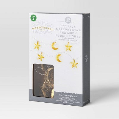  10ct LED Battery Operated Mercury Star And Moon Christmas Indoor/Outdoor Novelty String Lights Warm White With Silver Wire - Wondershop™