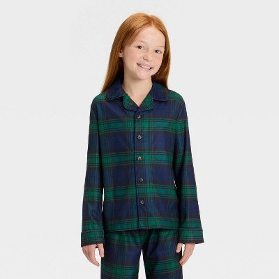  Kids' Plaid Long Sleeve Shirt And Pants Holiday Matching Family Pajama Set - Wondershop™ Navy Blue