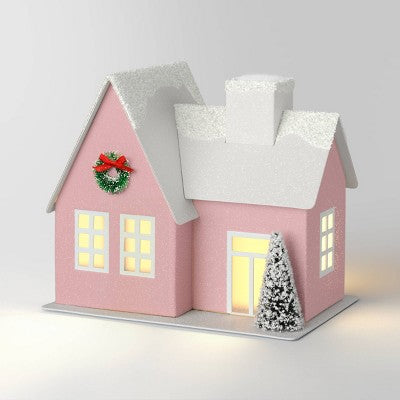  12pc Battery Operated Glittered Paper Christmas Village Set With Bottle Brush Trees And Snowmen - Wondershop™ White/Pink/Blue