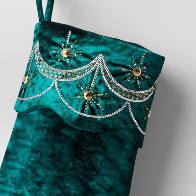  21" Christmas Art Deco Embellished Soft Velvet Stocking Green - Wondershop™