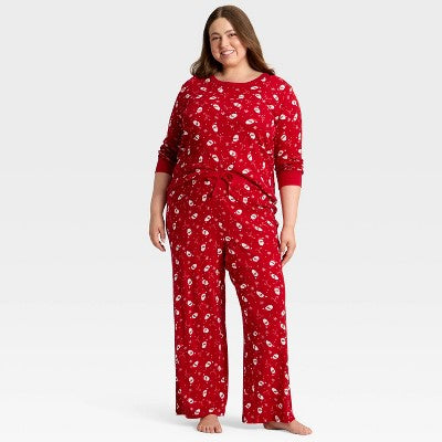  Women's Santa Print Ribbed Long Sleeve Holiday Matching Family Pajama Shirt - Wondershop™ Red