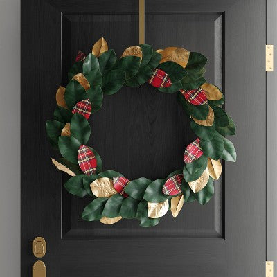  28" Mixed Leaves Artificial Christmas Wreath Green/Plaid/Gold - Wondershop™