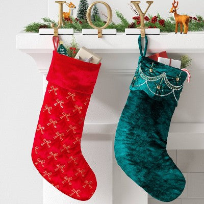  21" Christmas Art Deco Embellished Soft Velvet Stocking Green - Wondershop™