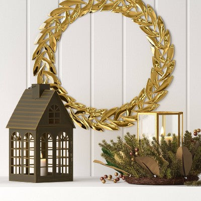  9" Hexagonal Pillar Glass Christmas Candle Holder With Mixed Faux Greenery - Wondershop™