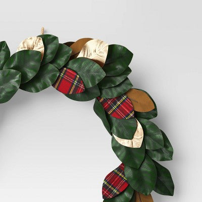  28" Mixed Leaves Artificial Christmas Wreath Green/Plaid/Gold - Wondershop™