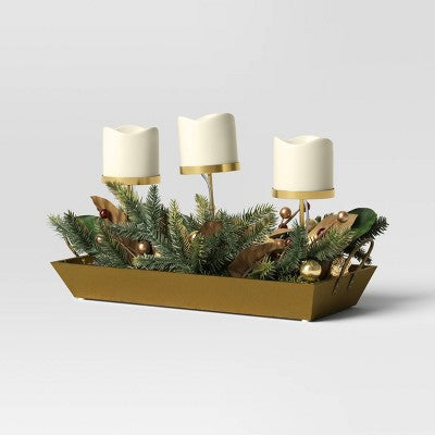  Battery Operated Flameless Pillar Candle And Candle Holder In Gold Tray With Faux Christmas Greenery - Wondershop™