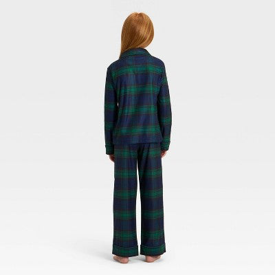  Kids' Plaid Long Sleeve Shirt And Pants Holiday Matching Family Pajama Set - Wondershop™ Navy Blue
