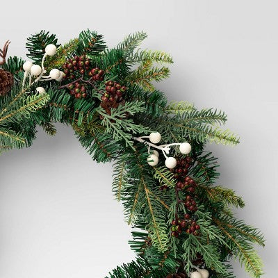  28" Mixed Greenery With White Berries With Pinecones Artificial Christmas Wreath Green - Wondershop™