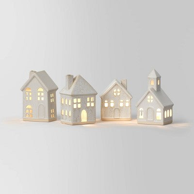  10pc Battery Operated Ceramic Christmas Village Set With Bottle Brush Trees - Wondershop™ White/Tan
