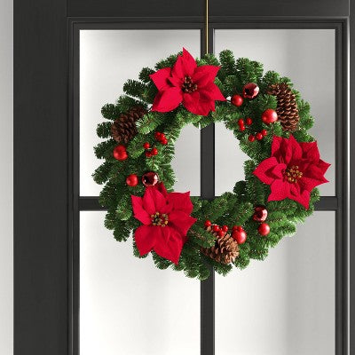  24" Decorated Pine And Poinsettia Flower Artificial Christmas Wreath - Wondershop™