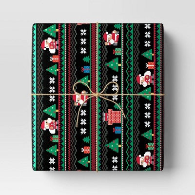  30" 50 Sq Ft Christmas Roll Wrap Sweater Pixel Print On Black - Wondershop™
