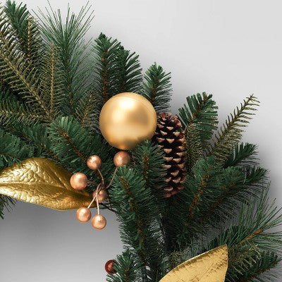  28" Mixed Greenery With Berries And Ornaments Artificial Christmas Wreath Green/Gold - Wondershop™