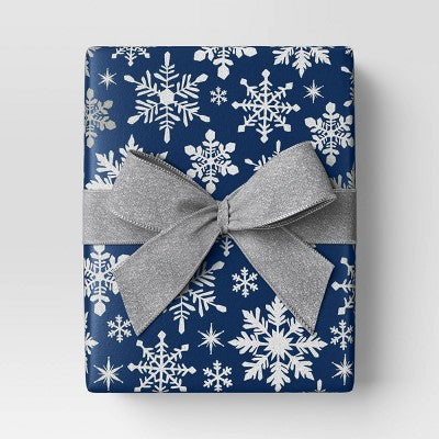  30” 25 Sq Ft Christmas Roll Wrap White Snowflakes On Blue - Wondershop™