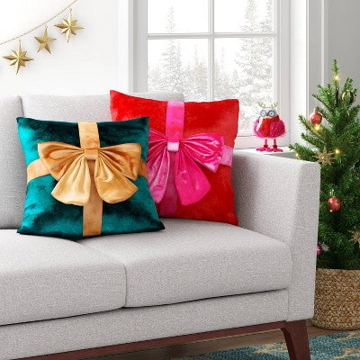  16"x6" Christmas Green Velvet Square Pillow With Teal Bow - Wondershop™