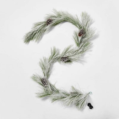  9' Battery Operated Pre-Lit Flocked Long Needle Artificial Pine Christmas Garland Warm White LED Lights - Wondershop™