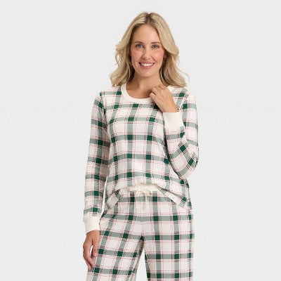  Women's Plaid Ribbed Long Sleeve Holiday Matching Family Pajama Shirt - Wondershop™ Cream
