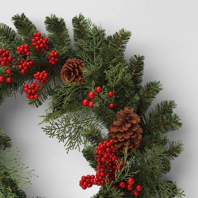  28" Mixed Greenery And Cedar With Pinecones And Red Berries Artificial Christmas Wreath Green - Wondershop™