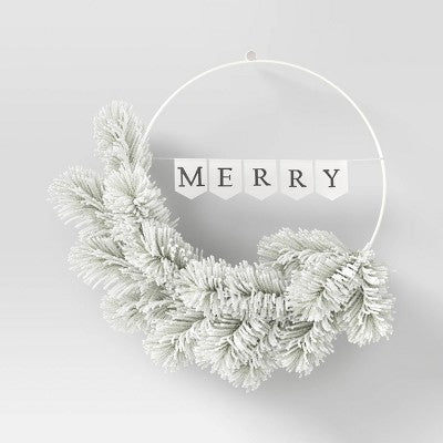  20" Battery Operated Lit Flocked Mixed Greenery On 'Merry' Metal Hoop Artificial Christmas Wreath White - Wondershop™