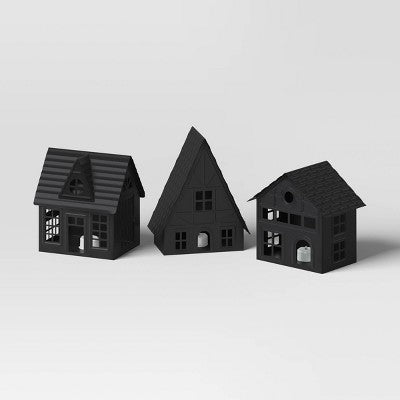  12pc Battery Operated Lit Metal House With Bottle Brush Trees And Snowmen Christmas Village Set - Wondershop™ Black