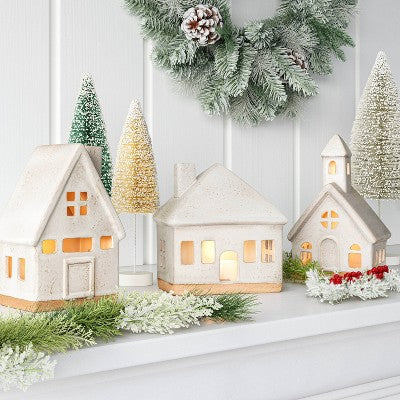  3pc Lit Ceramic Buildings Decorative Christmas Figurine Set - Wondershop™ White