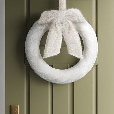  18.25" Knit Fabric With Bow Decorative Christmas Wreath White - Wondershop™