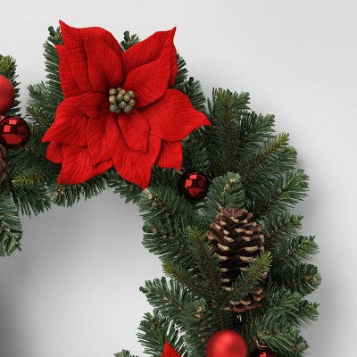  28" Pine And Poinsettia Flower With Ornaments Artificial Christmas Wreath Red - Wondershop™