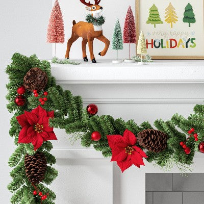  6' Cedar With Poinsettia Flowers And Pinecones Christmas Artificial Garland - Wondershop™: Traditional Decor, Indoor/Sheltered Outdoor Use