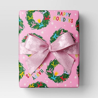  30” 20 Sq Ft Christmas Roll Wrap Happy Holidays And Wreaths On Pink - Wondershop™