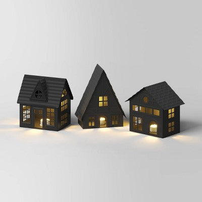  12pc Battery Operated Lit Metal House With Bottle Brush Trees And Snowmen Christmas Village Set - Wondershop™ Black