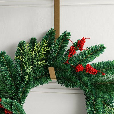  20" Christmas Unlit Mixed Greenery Wreath Red Berries - Wondershop™