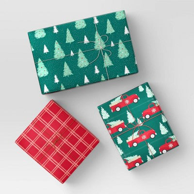  30” 3pk 180 Sq Ft Christmas Wrap Pack Trucks/Plaid/Trees - Wondershop™