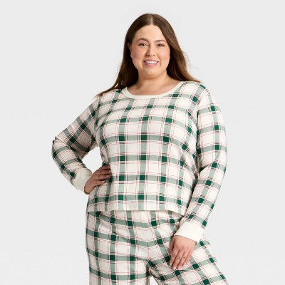  Women's Plaid Ribbed Long Sleeve Holiday Matching Family Pajama Shirt - Wondershop™ Cream