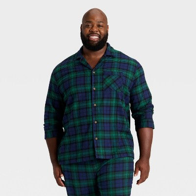  Men's Plaid Flannel Long Sleeve Shirt And Pants Holiday Matching Family Pajama Set - Wondershop™ Navy Blue