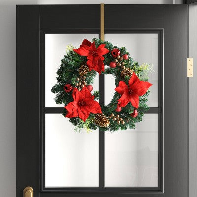 22" Mixed Greenery And Poinsettia Flowers Decorated Artificial Christmas Wreath Green - Wondershop™