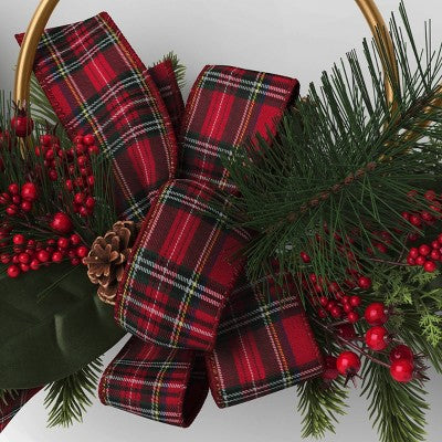  13" Metal Horn With Greenery And Plaid Bow Artificial Christmas Wreath Green/Red - Wondershop™