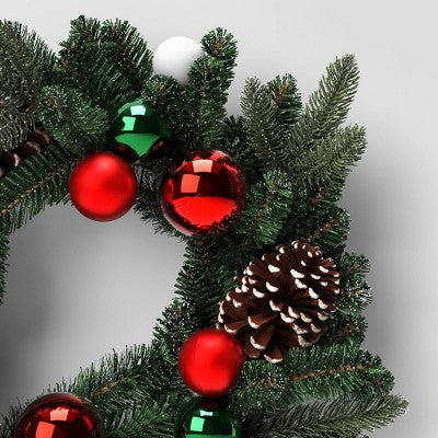  22" Pine Bough With Flocked Pinecones And Ornaments Artificial Christmas Wreath Green - Wondershop™