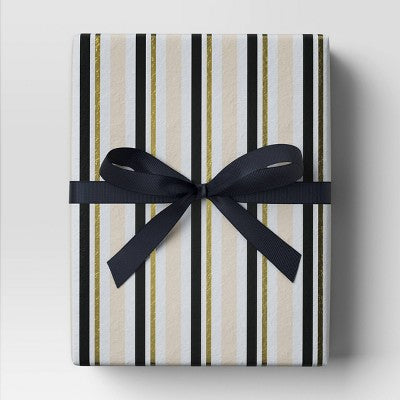  30” 90 Sq Ft Christmas Roll Wrap Blush/Black/Gold Stripes On Cream - Wondershop™