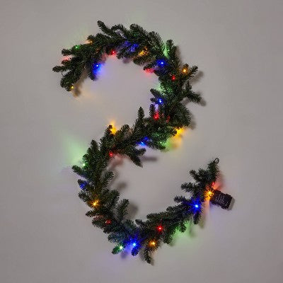  9' Battery Operated Pre-Lit Artificial Pine Christmas Garland Green With Dual Color LED Lights - Wondershop™