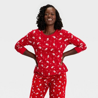  Women's Santa Print Ribbed Long Sleeve Holiday Matching Family Pajama Shirt - Wondershop™ Red