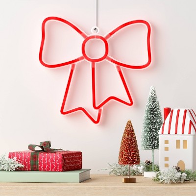  LED Battery Operated Christmas Neon Bow Hangable Sign Red - Wondershop™