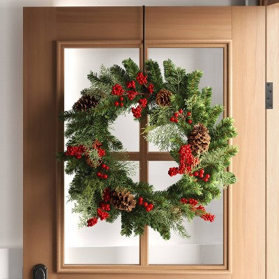  28" Mixed Greenery And Cedar With Pinecones And Red Berries Artificial Christmas Wreath Green - Wondershop™