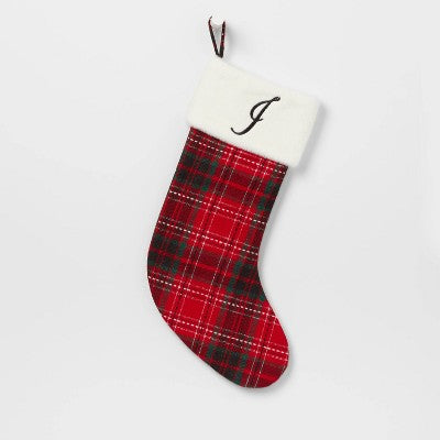  20" Plaid Monogram Christmas Holiday Stocking With Faux Fur Cuff Red/Green/White - Wondershop™