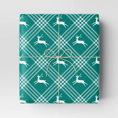  30" 50 Sq Ft Christmas Roll Wrap Deer And Plaid On Green - Wondershop™