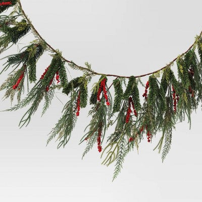  6' Pre-lit Mixed Greenery And Red Berries Artificial Christmas Garland Green With Warm White Lights - Wondershop™