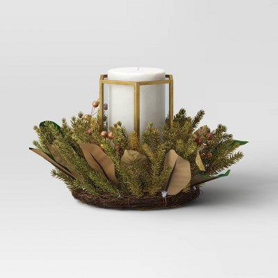  9" Hexagonal Pillar Glass Christmas Candle Holder With Mixed Faux Greenery - Wondershop™