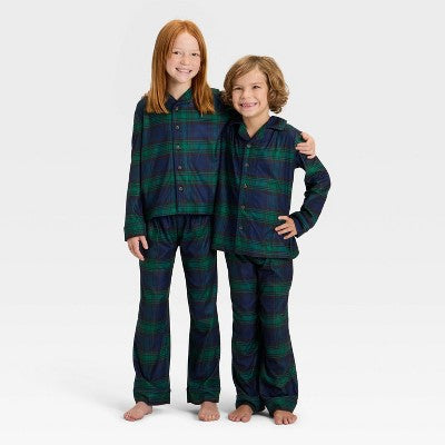  Kids' Plaid Long Sleeve Shirt And Pants Holiday Matching Family Pajama Set - Wondershop™ Navy Blue