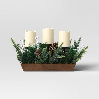 Battery Operated Flameless Pillar Candle And Black Candle Holder In Wood Tray With Faux Christmas Greenery - Wondershop™
